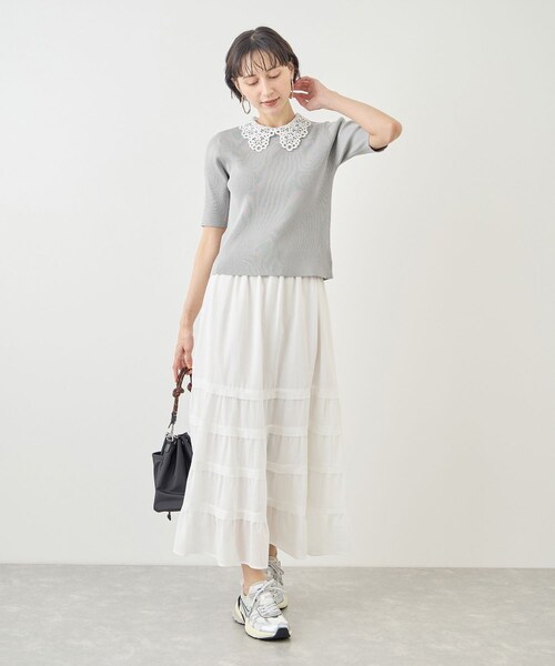 ROPE' PICNIC(ロペピクニック)の「レースカラーハーフスリーブリブニット(ニット/セーター・レディース・ライトグレー/オフホワイト/ネイビー・M/S)」の10枚目の写真