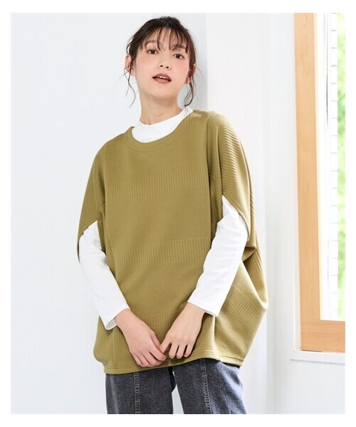 nissen（ニッセン）の「大きいサイズ　体型カバー２点セット（ドルマンスリーブジャガードカットソープルオーバー＋モックネックＴシャツ）（Tシャツ/カットソー・レディース・ネイビー+杢チャコールグレー/チョコブラウン+ベージュ/ピスタチオ+オフホワイト/スモーキーパープル+オフホワイト・L/LL/3L/4L/5L/6L/8L/10L）」の17枚目の写真