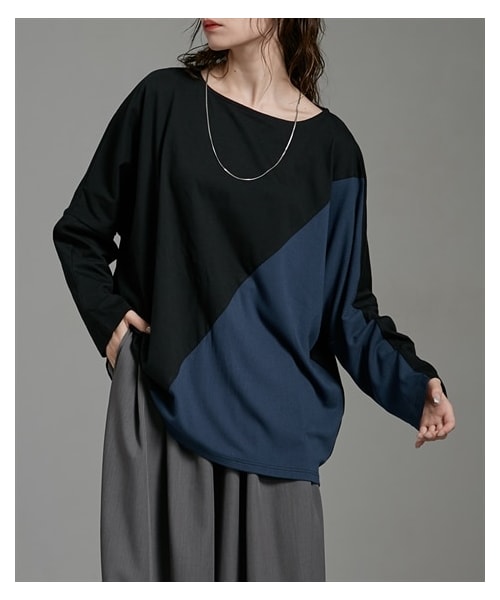 nissen（ニッセン）の「リブ切替ゆったりシルエット長袖Ｔシャツ　［Soiunique］（Tシャツ/カットソー・レディース・杢グレー×ブラック/ブラック×ネイビー・M/L/LL）」の4枚目の写真