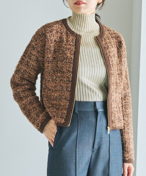 ROPE'（ロペ）の「ツイードZIPノーカラーカーディガン/イージーケア（カーディガン/ボレロ・レディース・ブラウン/キナリ/ブラウン系・F）」の5枚目の写真
