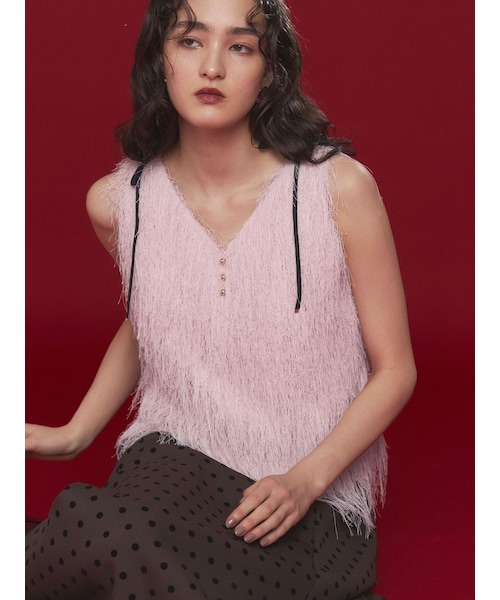 LAGUNAMOON（ラグナムーン）の「フェザーVネックリボントップス（Tシャツ/カットソー・レディース・アイボリー/ピンク/イエロー/ブルー・F）」の8枚目の写真