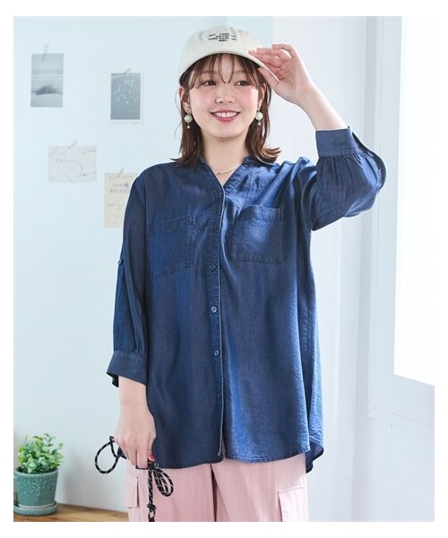 nissen（ニッセン）の「＜大きいサイズ＞とろみデニム袖ロールアップシャツ（シャツ/ブラウス・レディース・ライトブルー/インディゴブルー・L/LL/3L/4L/5L/6L/8L/10L）」の15枚目の写真