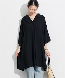 とろみブロードパフ袖スキッパーチュニックシャツワンピース＜大きいサイズ有＞