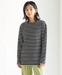 SMILE LAND | ＜大きいサイズ＞長袖ボートネックリップルボーダーゆるカットソートップス(Tシャツ/カットソー)