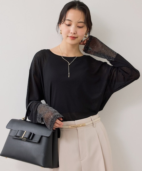 VIS（ビス）の「ラメメッシュスリーブ切り替えシアーロンT（Tシャツ/カットソー・レディース・ブラック/ライトグレー/ホワイト/ピンク・F）」の2枚目の写真