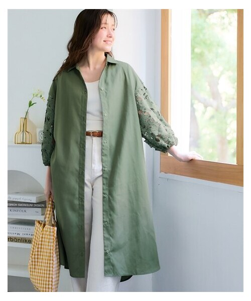 nissen（ニッセン）の「＜大きいサイズ＞ふんわりレース袖シャツワンピース（ワンピース・レディース・オフホワイト/カーキ/黒・L~LL/3L~4L/5L~6L/8L/10L）」の14枚目の写真