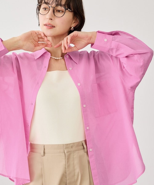 ROPE' PICNIC(ロペピクニック)の「お着軽シャツシリーズ 無地・ストライプ 2WAYシアーブラウス/接触冷感・通気性(シャツ/ブラウス・レディース・ホワイト/ネイビー/ブルー/ブルー系/ピンク/イエロー/ラベンダー/ダークブラウン/サックス/オレンジ・F)」の9枚目の写真