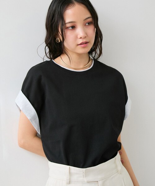 VIS(ビス)の「【WEB限定】天竺袖配色Tシャツ(Tシャツ/カットソー・レディース・ブラック/ライトグレー/オフホワイト・F)」の2枚目の写真