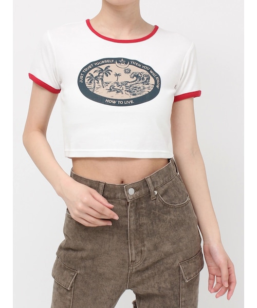 EVRIS（エヴリス）の「リンガーグラフィックショートTシャツ（Tシャツ/カットソー・レディース・ホワイト/ブラック/マスタード・F）」の2枚目の写真