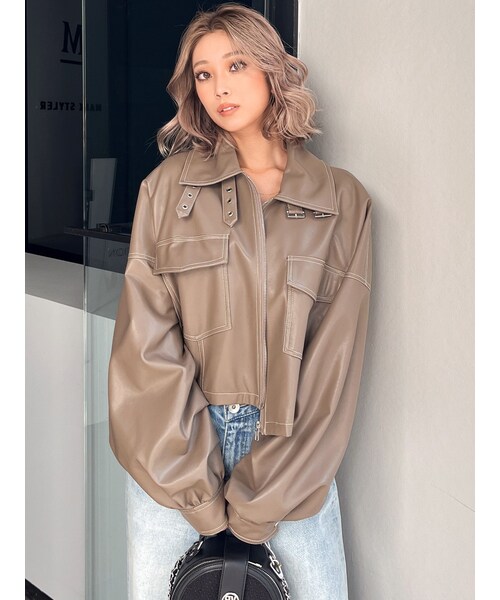 GYDA フェイクレザー スタンドカラー ショート ジャケット ジェイダ GYDA Symmetry GYDA フェイクレザースタンドカラー