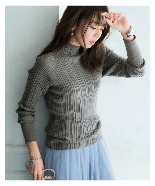 nissen（ニッセン）の「ハイネックランダムリブニット（ニット/セーター・レディース・黒/チャコールグレー杢/アイボリー/グレージュ/グリーン/オフホワイト×黒ボーダー/レッド・S/M/L/LL/3L）」の16枚目の写真