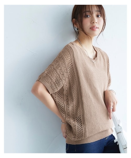 nissen（ニッセン）の「綿１００％透かし編ドルマンニット＜大きいサイズ有＞（ニット/セーター・レディース・黒/アイボリー/モカ/ラベンダーピンク/ソフトグリーン/グレージュ/テラコッタ/ピスタチオ・S/M/L/LL/3L/4L/5L/6L/8L）」の5枚目の写真