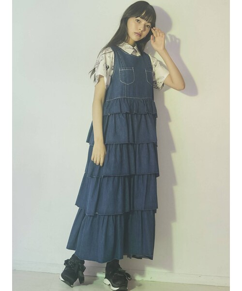 merry jenny（メリージェニー）の「デニムティアードジャンスカ（つなぎ/オールインワン・レディース・オフホワイト/ブルー/インディゴ・F）」の2枚目の写真