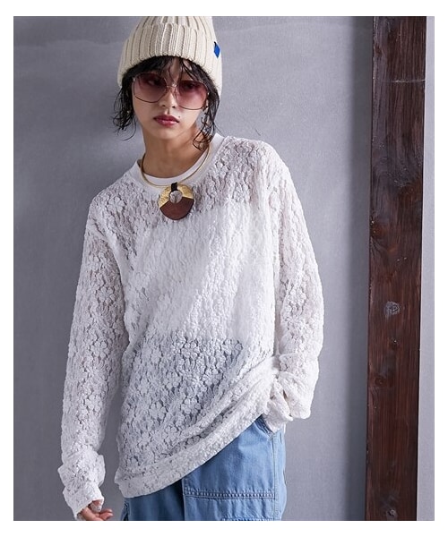 nissen（ニッセン）の「大きいサイズ リブ衿レースTシャツ GEVS.（Tシャツ/カットソー・レディース・オフホワイト/黒・L/LL/3L/4L/5L/6L/8L/10L）」の5枚目の写真