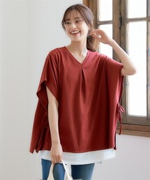 nissen | 大きいサイズ綿100％汗染みしにくいポンチョ重ね着風チュニック（カットソー）(チュニック)