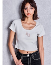 GYDA | GGロゴラインストーンラメテレコハーフスリーブトップス(Tシャツ/カットソー)