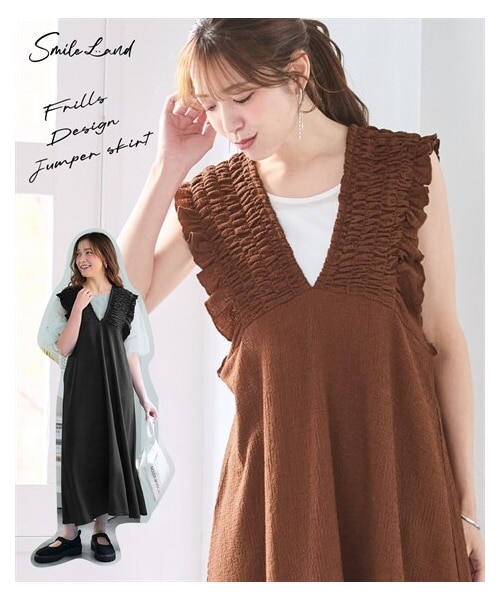 nissen（ニッセン）の「＜大きいサイズ＞カット楊柳フリルデザインジャンパースカート（ワンピース・レディース・ブラウン/黒・L~LL/3L~4L/5L~6L/8L/10L）」の2枚目の写真