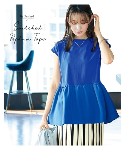 nissen（ニッセン）の「異素材切替ペプラムトップス（Tシャツ/カットソー・レディース・ロイヤルブルー/黒・S/M/L/LL/3L/4L/5L/6L）」の2枚目の写真