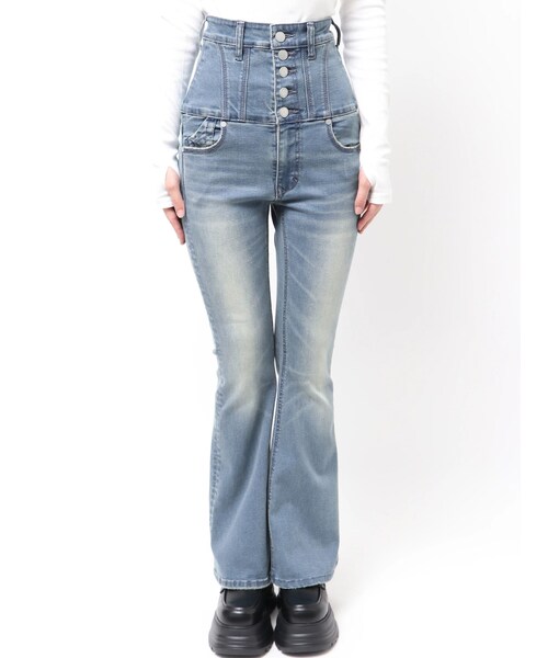 EMODA（エモダ）の「スーパーハイウエストフレアパギンス（デニムパンツ・レディース・ブラック/アイスブルー・XS/S/M）」の5枚目の写真