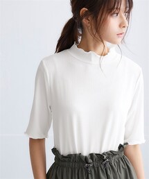nissen | 細リブハイネック5分袖カットソートップス(Tシャツ/カットソー)