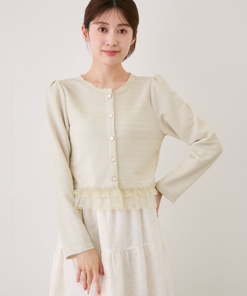 Jayro(ジャイロ)の「レースフリルヘムニットジャケット(ノーカラージャケット・レディース・ホワイト系/ライトグリーン/サックス・F)」の12枚目の写真