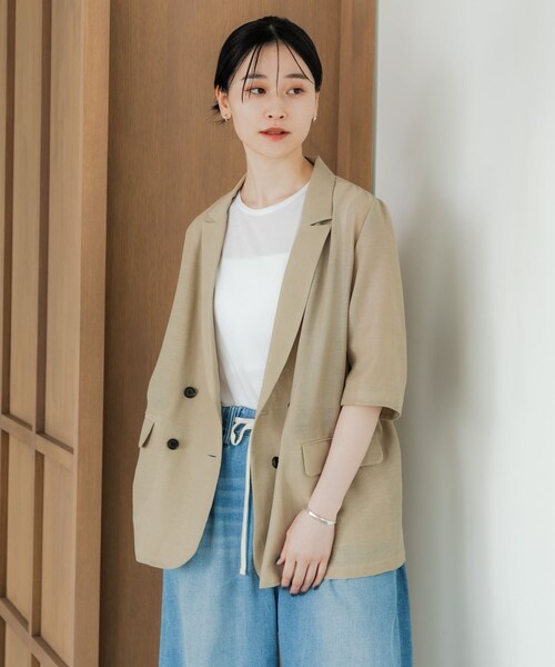 URBAN RESEARCH（アーバンリサーチ）の「『イージーケア』シアーメッシュハーフスリーブジャケット（テーラードジャケット・レディース・BEIGE/BLACK・FREE）」の3枚目の写真