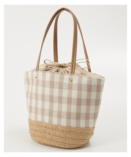 nissen（ニッセン）の「polka polka(ポルカポルカ)雑材ペーパーコンビトートバッグ（トートバッグ・メンズ・チェックブラック/チェックベージュ/ポップコーンアイボリー/ポップコーンブラック・Y）」の4枚目の写真