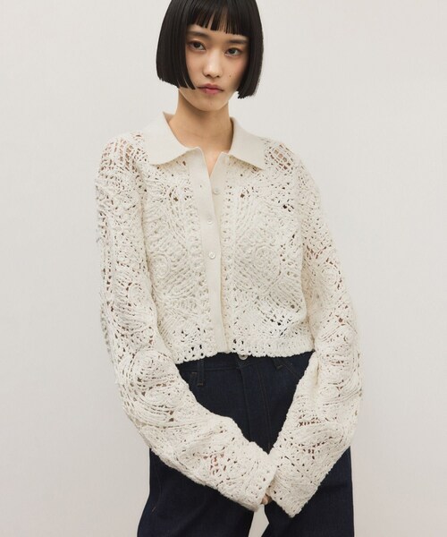 ADAM ET ROPE'(アダムエロペ)の「コードレースパターンニットシャツ(シャツ/ブラウス・レディース・ブラック/オフホワイト・F)」の3枚目の写真