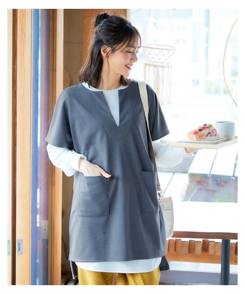 nissen（ニッセン）の「大きいサイズ 柔らかハニカムカットソーゆるロング丈ベスト（チュニック・レディース・ベージュ/黒/スモーキーブルー・L/LL/3L/4L/5L/6L/8L/10L）」の19枚目の写真