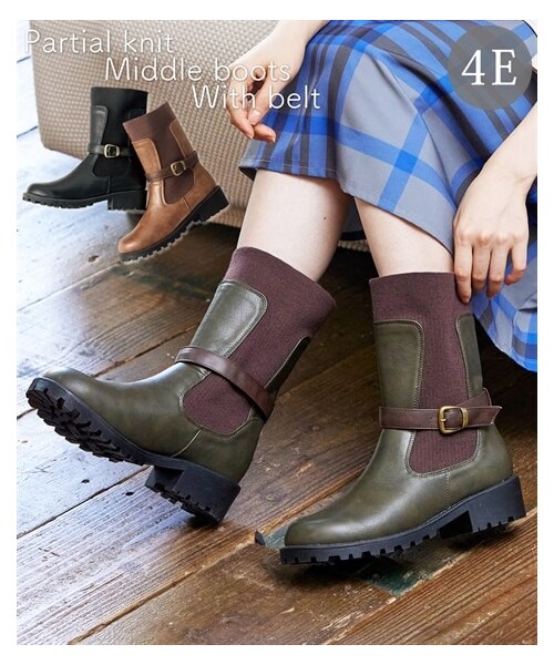 nissen（ニッセン）の「【ゆったり幅広】ベルト付ニット切替えミドルブーツ（低反発中敷）（ワイズ４Ｅ）（ブーツ・メンズ・黒/ブラウン/オーク/チャコールグレー/カーキ・M=23.0~23.5cm/4E/L=24.0~24.5cm/4E/LL=25.0~25.5cm/4E/3L=26.0~26.5cm/4E）」の4枚目の写真