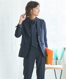 7days Life Styling | 【レディーススーツ】ドビー素材セットアップパンツスーツ３点セット（テーラードジャケット＋衿ぐりリボン付ブラウス＋ストレートパンツ）(スーツセット)