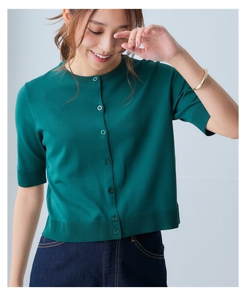 nissen（ニッセン）の「【アイスクリーンプレミアム】クルーネック5分袖ニットカーディガン（持続冷感・接触冷感・毛玉になりにくい・UVカット・洗濯機で洗える・遮熱）＜大きいサイズ有＞（カーディガン/ボレロ・レディース・黒/杢グレー/オフホワイト/スモーキーブルー(終売)/ライムグリーン/ダークグリーン/モカベージュ/ビビットブルー/レモンイエロー/キャメル・S/M/L/LL/3L/4L/5L/6L/8L/10L）」の6枚目の写真