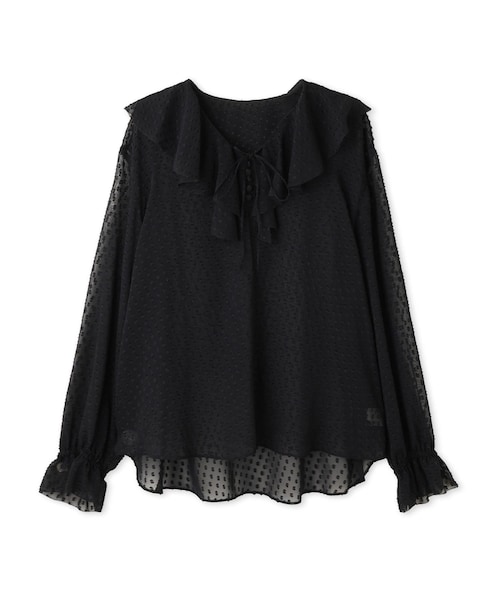 ROPE'(ロペ)の「【J'aDoRe・ルミネ別注】ラッフルフリルVネックブラウス(無地/プリント柄)(シャツ/ブラウス・レディース・ブラック/オフホワイト/ネイビー・F)」の12枚目の写真
