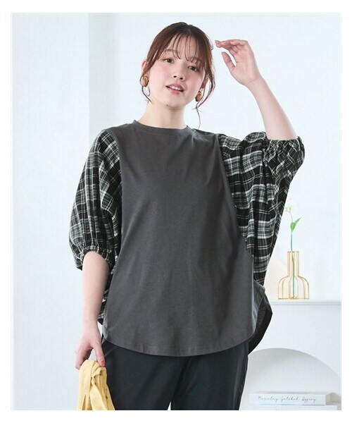 nissen（ニッセン）の「＜大きいサイズ＞チェック柄切替ゆったりドルマンスリーブトップス（Tシャツ/カットソー・レディース・チャコール/ネイビー/ベージュ・L/LL/3L/4L/5L/6L/8L/10L）」の8枚目の写真