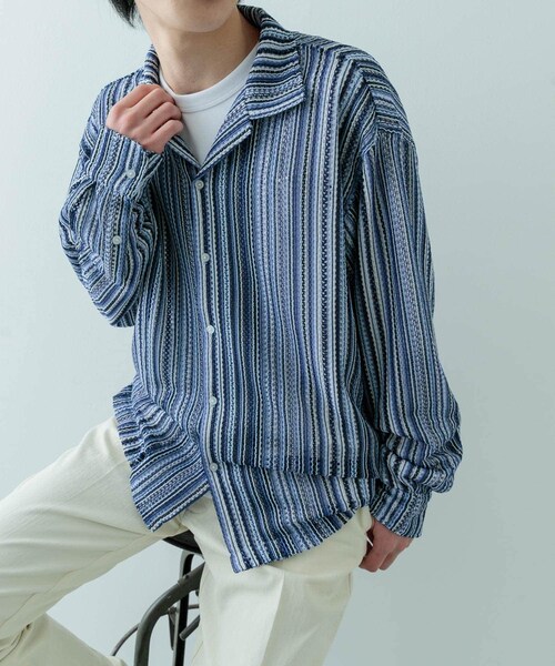 ITEMS URBANRESEARCH（アイテムズ アーバンリサーチ）の「マルチストライプレースオープンカラーシャツ（シャツ/ブラウス・メンズ・BLK/BLU/GRN/ORG・M/L）」の14枚目の写真