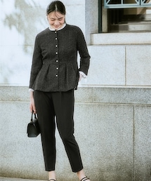 nissen | 【入学式・卒業式・フォーマル】取り外せるフリル襟付カットツイードペプラムブラウス＋ジャージーテーパードパンツセット＜大きいサイズ有＞〔Callarus〕(スーツセット)