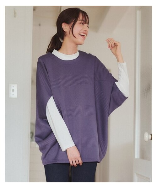 nissen（ニッセン）の「大きいサイズ　体型カバー２点セット（ドルマンスリーブジャガードカットソープルオーバー＋モックネックＴシャツ）（Tシャツ/カットソー・レディース・ネイビー+杢チャコールグレー/チョコブラウン+ベージュ/ピスタチオ+オフホワイト/スモーキーパープル+オフホワイト・L/LL/3L/4L/5L/6L/8L/10L）」の7枚目の写真