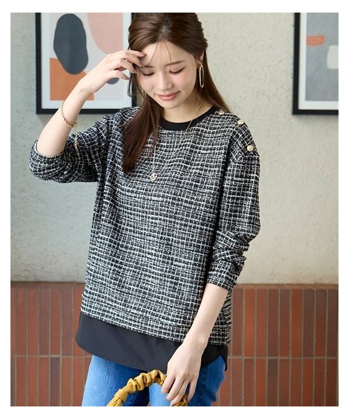 nissen（ニッセン）の「＜大きいサイズ＞カットソーツイード裾重ね着風トップス（Tシャツ/カットソー・レディース・黒系/ベージュ系・L/LL/3L/4L/5L/6L/8L/10L）」の5枚目の写真