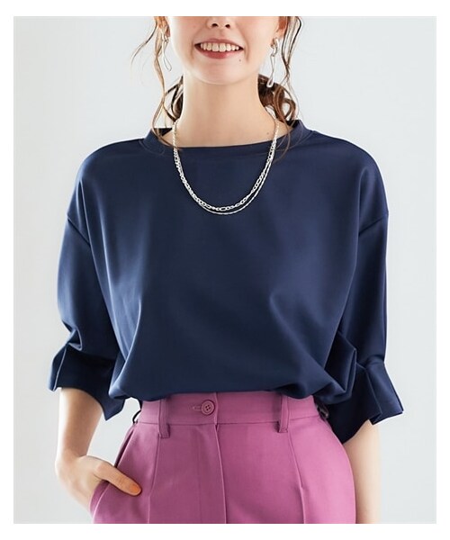 nissen（ニッセン）の「大きいサイズ キャンディースリーブプルオーバー（透けにくい素材・吸汗速乾・UVカット）（Tシャツ/カットソー・レディース・オフホワイト/スモーキーピンク/ネイビー/モカベージュ・L/LL/3L/4L/5L/6L/8L/10L）」の3枚目の写真