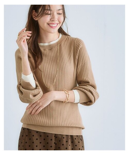 nissen（ニッセン）の「ふんわり袖配色重ね着風ニットトップス＜大きいサイズ有＞（ニット/セーター・レディース・ブルーグリーン×黒/ココア×黒/杢グレー×黒/黒×オフホワイト/ベージュ×オフホワイト・S/M/L/LL/3L/4L/5L/6L）」の4枚目の写真