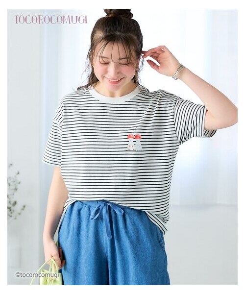 nissen（ニッセン）の「＜大きいサイズ＞【トコロコムギ】にゃんこ半袖Ｔシャツ（Tシャツ/カットソー・レディース・ピンク/黒×ホワイトボーダー/ネイビー・L/LL/3L/4L/5L）」の4枚目の写真