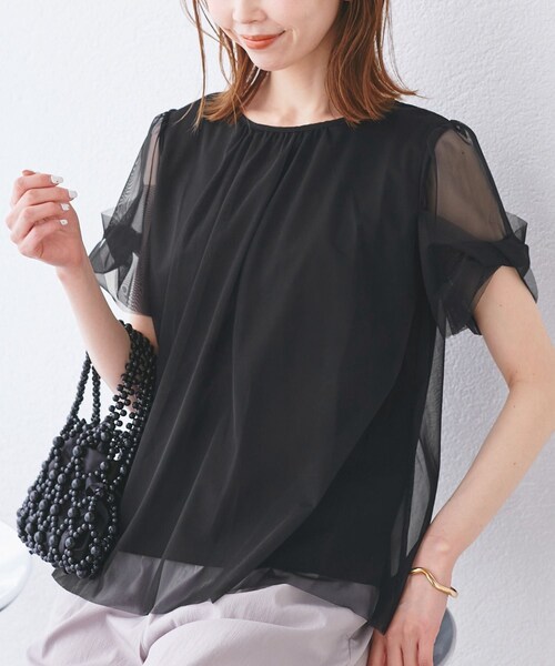 ROPE' PICNIC(ロペピクニック)の「Cutee チュールドッキングツイストスリーブトップス/リンクコーデ(Tシャツ/カットソー・レディース・ブラック/ホワイト/ライトグリーン/ブルー系・38)」の2枚目の写真