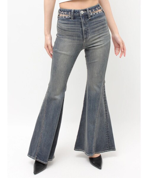 GYDA（ジェイダ）の「ハイウエストopen ring bijou studsデザインフレアデニムパンツ（デニムパンツ・レディース・アイスブルー/インディゴ・XS/S/M）」の10枚目の写真