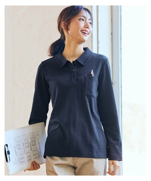 nissen（ニッセン）の「大きいサイズ　ペン差し長袖ポロシャツ（吸汗速乾・UVカット）＜大きいサイズ有＞（ポロシャツ・レディース・杢グレー/ネイビー/黒/オフホワイト・L/LL/3L/4L/5L/6L/8L/10L）」の7枚目の写真