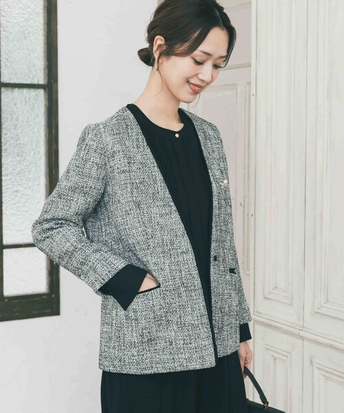 URBAN RESEARCH DOORS(アーバンリサーチドアーズ)の「ツィードVネックロングジャケット(その他アウター・レディース・OFF×BLK/NAVY・Free)」の6枚目の写真