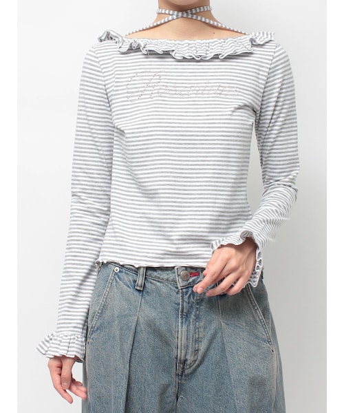 jouetie(ジュエティ)の「ラインストーンフリルトップス(Tシャツ/カットソー・レディース・グレー/ブラック/ピンク・M)」の1枚目の写真