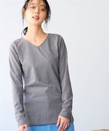 nissen | 綿100%フライス素材Vネック長袖Tシャツ(UVカット)<大きいサイズ有>(Tシャツ/カットソー)