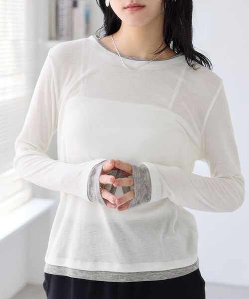 VIS(ビス)の「配色レイヤードシアーロンT(Tシャツ/カットソー・レディース・グレー/オフホワイト/ピンク・F)」の2枚目の写真