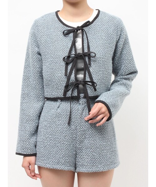 jouetie（ジュエティ）の「バイカラーツイードライクショートジャケット【セットアップ対応】（ノーカラージャケット・レディース・ブラック/ピンク/ブルー・M）」の5枚目の写真