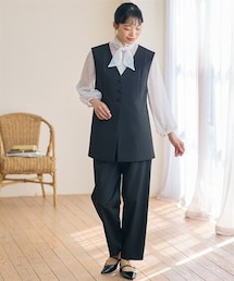 Neina | 【フォーマル】シアードットブラウスナチュラルジレパンツスーツ3点セット (ジレ+ブラウス+ストレートパンツ) 大きいサイズ有 〔Neina〕(スーツセット)